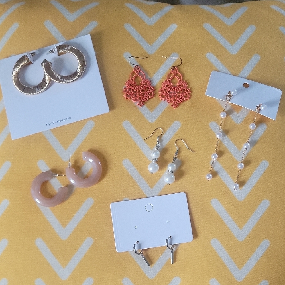 Assorted Earrings Set in Gold, Pink, and White